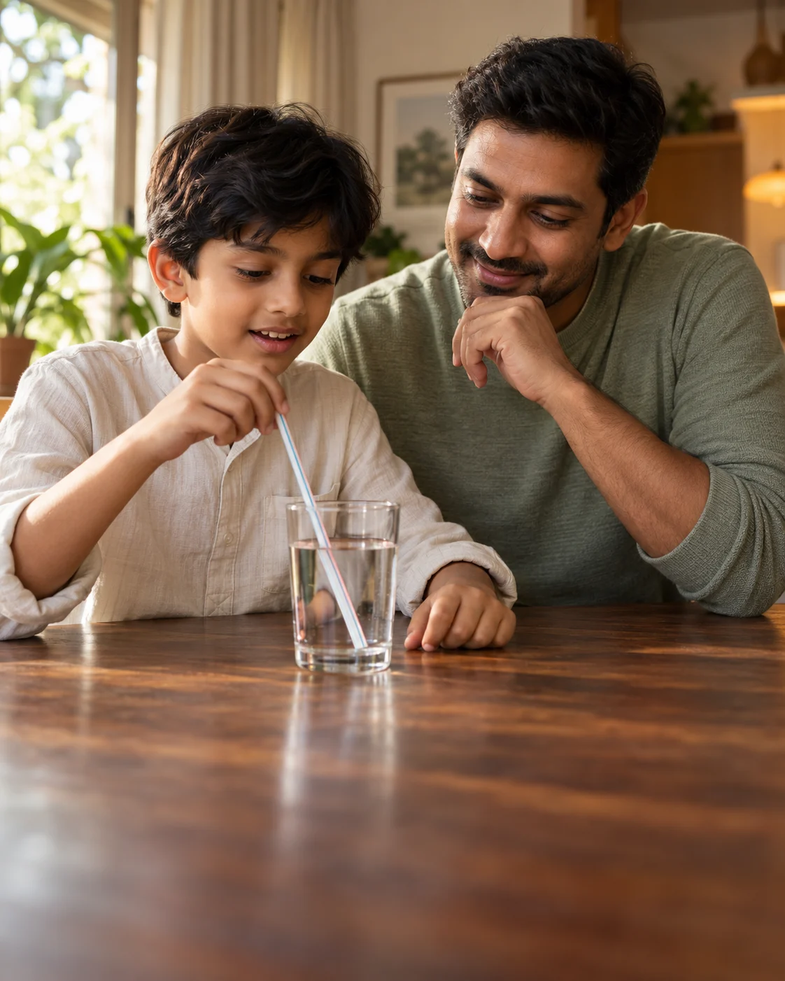 Illustrative scene of a father and son investigating a glass of water